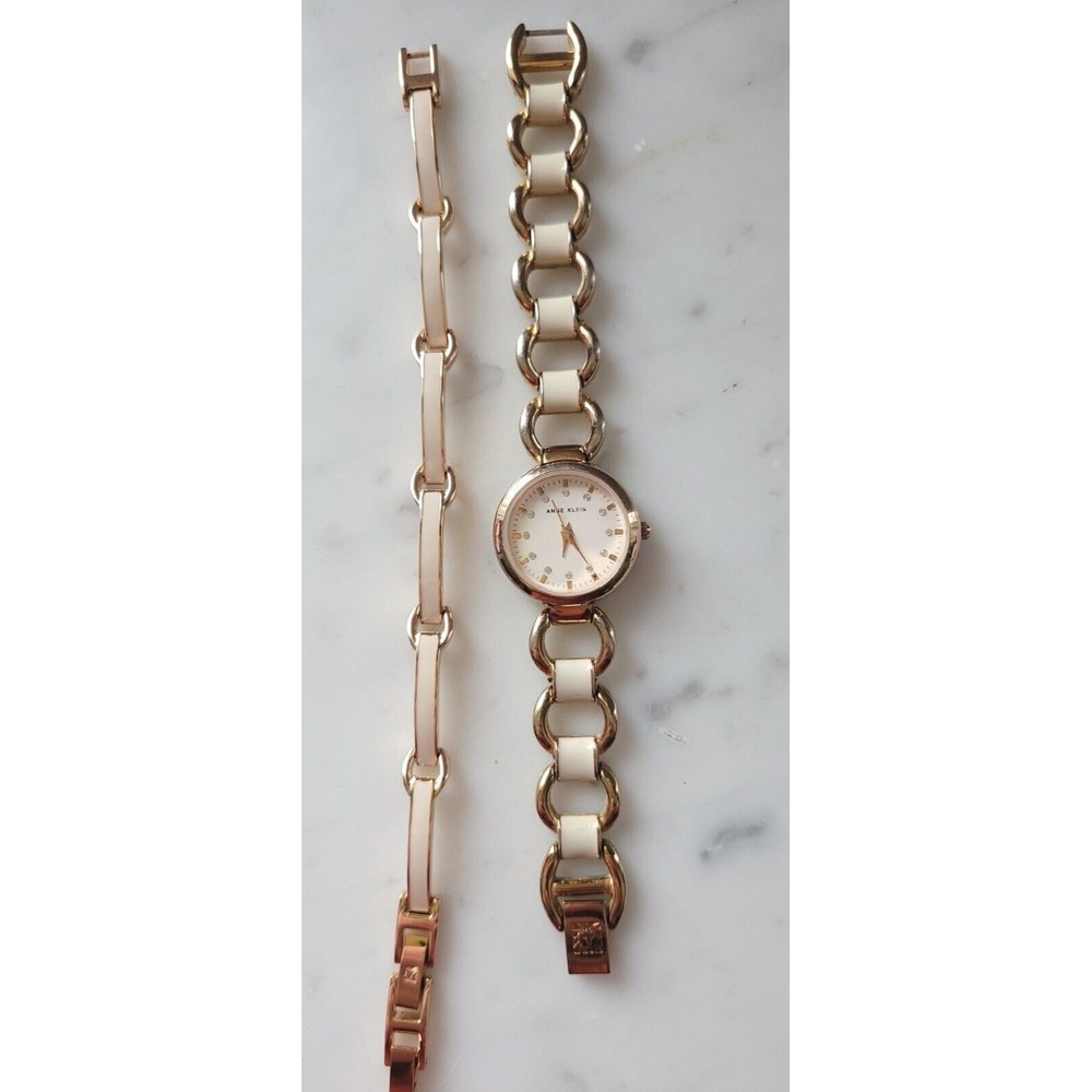 Anne Klein  New York Off White Enamel & Goldtone Watch with Matching Bracelet